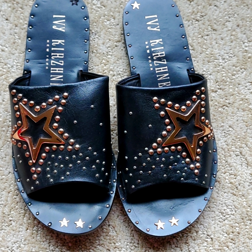 COPY - Ivy Kirzhner black and gold star slides size 9